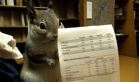 En ekorre håller ett papper som visar två tabeller om nötters näringsvärde