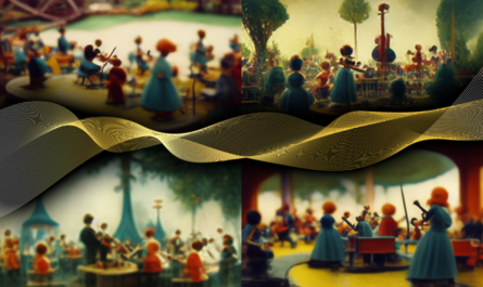 Fyra små bilder som ger en vibe av en spelande orkester och en ljudvåg i gult som går och över och igenom alla bilder.
