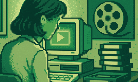 AI-genererad retro pixelart bild av en lärare som sitter vid en 80-tals dator och arbetar med film