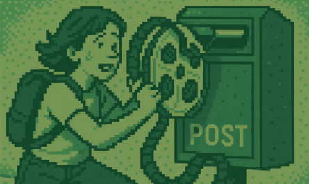 AI-genererad retro pixelart-bild av en student som försöker stoppa in en för stor retro filmrulle i en postbrevlåda.