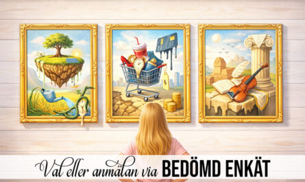 Kvinna betraktar tre tavlor som om hon ska välja