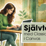 Kvinna sitter vid laptop. Texten Självtext med classic quiz