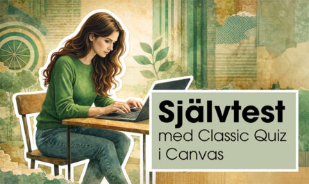 Kvinna sitter vid laptop. Texten Självtext med classic quiz